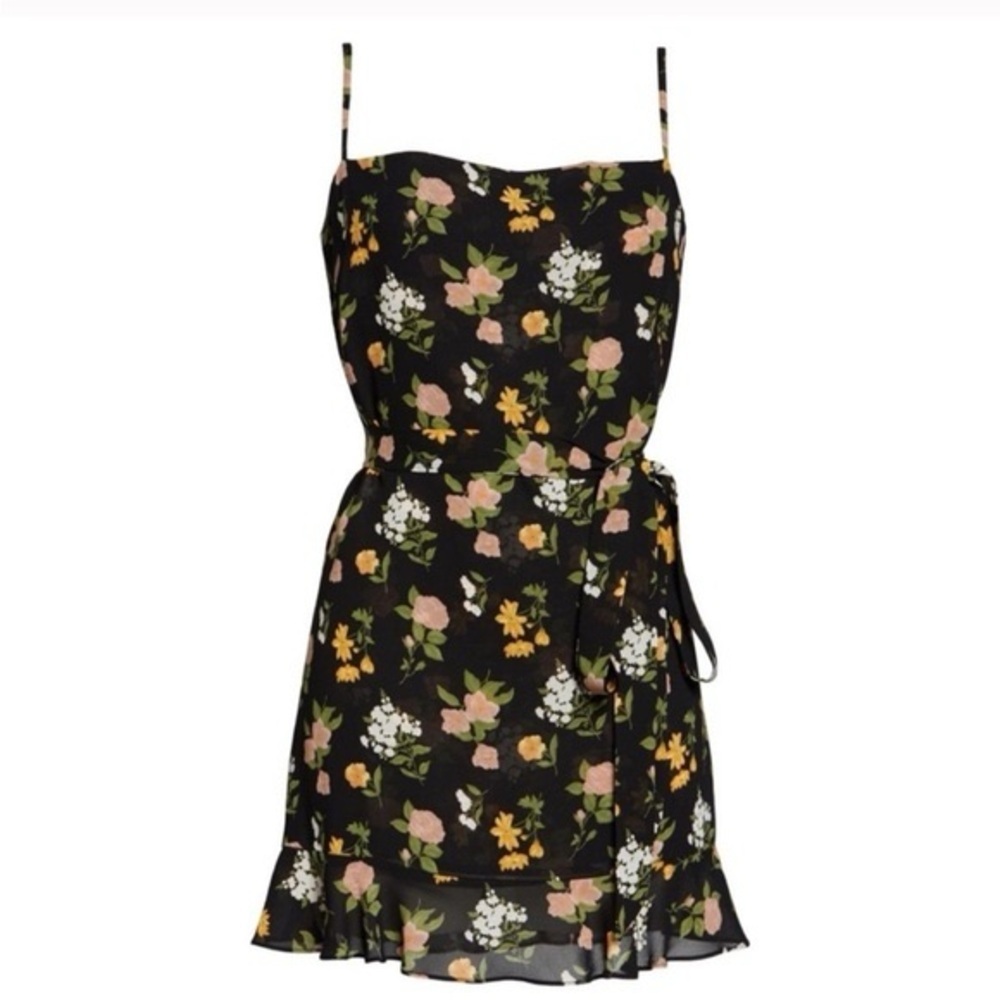 Reformation Soleil Mini Dress Sylvie Floral Black Tie Waist Ruffle Hem Size 6